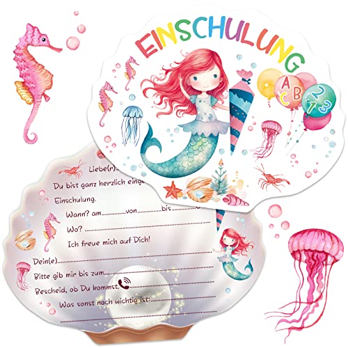 BOYATONG 12 Einladungskarten Einschulung Mädchen, Aquarell Meerjungfrau Einladungskarten, Einladung Einschulung Mädchen, Einschulung Einladungskarten Einladungen für Kinder zum Schulbeginn von BOYATONG