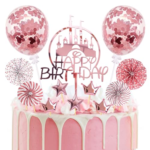 BOYATONG Tortendeko Geburtstag Rosegold, 17 Stück Glitter Cake Topper, Acryl Burg Happy Birthday Kuchendeko, Torten Deko für Mädchen Frauen Geburtstag Party von BOYATONG