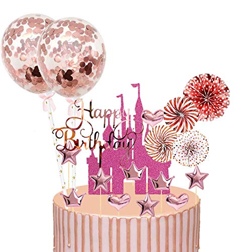 24 Stück Happy birthday Tortendeko/Kuchendeko Geburtstag Rosegold,Glitter Cake Topper Happy Birthday,Cupcake Topper Geburtstag für Mädchen/Kinder mit Sternen,Ballon und Papierfächer Rosegold von BOYATONG