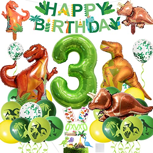 XXL Dino Geburtstag Deko, Geburtstagsdeko 3 Jahr Jungen,Folienballon Zahlenballon 3,Luftballons Grün für Dinosaurier Party Dekoration Dschungel Party Kinder von BOYATONG