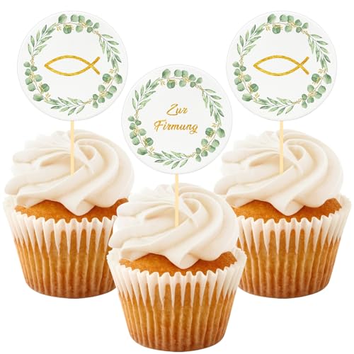 Cake Topper Firmung, 24 Stück Fisch Eukalyptus Cupcake Torte Deko, Zur Firmung Tortendeko Junge Mädchen Geschenke, Personalisiert Muffin Deko Party von BOYATONG