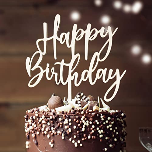 BOYATONG Cake Topper Happy Birthday aus Holz Kuchendeko Geburtstag, Kuchen Deko für Mädchen Jungen Frauen Mann Größe 15x 20cm, Beige von BOYATONG