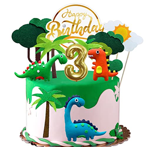 Dino Tortendeko 3 Jahre Junge Kinder, Kuchendeko Dinosaurier mit Geburtstagskerze 3, Tortendeko Junge 3. Geburtstag, Happy Birthday Tortendeko Dinosaurier 3 Jahre von BOYATONG