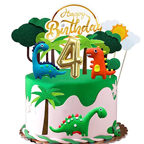 Dino Tortendeko 4 Jahre Junge Kinder, Kuchendeko Dinosaurier mit Geburtstagskerze 4, Tortendeko Junge 4. Geburtstag, Happy Birthday Tortendeko Dinosaurier 4 Jahre von BOYATONG