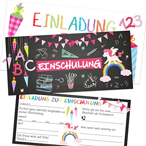 BOYATONG 12 Einladungskarten Einschulung Mädchen, Einladung zur Einschulung, Einladung Einschulung Mädchen, Einhorn Einladungskarten mit Umschlägen, Einschulung Einladungskarten von BOYATONG