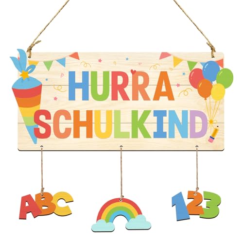 Einschulung Deko Schule Schild Holz, "HURRA SCHULKIND" Türschild Schulkind Deko 2025 Schulanfang Schuleinführung Schulstart, Einschulungsdeko Geschenk Jungen Mädchen von BOYATONG