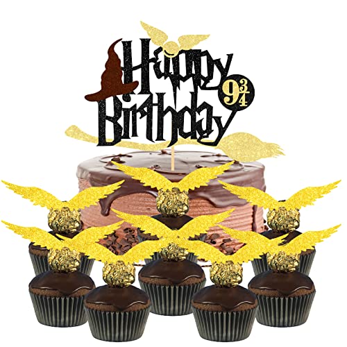 Glitter Magical Wizard Cake Topper,Goldene Flügel Cupcake Deko,Magier Happy Birthday Deko für Wizard Themen Geburtstagsfeier Schokoladen Kuchen Dekoration von BOYATONG