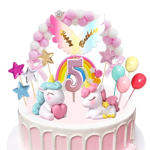 Einhorn Tortendeko 5. Geburtstag Mädchen, Einhorn Kuchendeko mit Kerze 5 Jahr, Einhorn Figuren Cake Topper 5. Geburtstag, Einhorn Torten Deko für Mädchen von BOYATONG