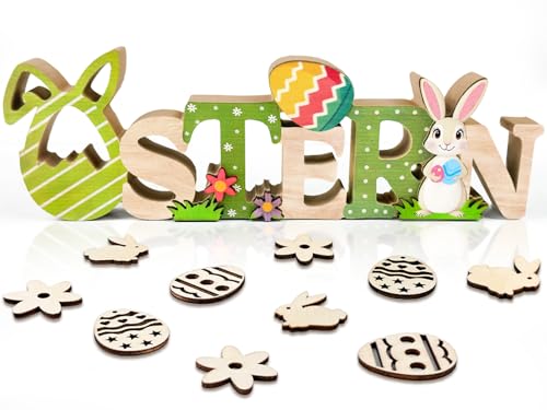 Ostern Deko Hase, Ein Große Holz Osterdeko Hase mit 40 Ostern Streudeko, Ostern Geschenk Osterdekoration für Tischdeko Ostern von BOYATONG