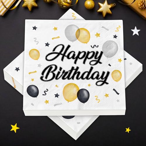 Servietten Geburtstag, 40 Stück Happy Birthday Servietten Schwarz, Tischdeko Geburtstag Servietten Vierseitiger Druck für Universelle Serviette Geburtstagsdeko Junge Mädchen Party Deko von BOYATONG