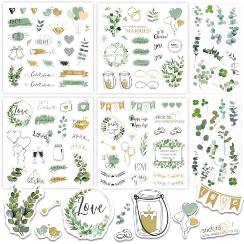 Sticker Hochzeit Gästebuch - Vintage Aufkleber Hochzeit Aufkleber Personalisiert für Gästebuch und Fotoalbum mit Viel Liebe - Eukalyptus Hochzeitssticker für Scrapbook - Wedding Deko - Goldgrün von BOYATONG
