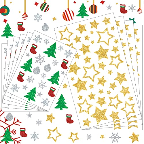 Weihnachts Sticker,10 PCS Weihnachten Glitzer Stickers, Selbstklebende Weihnachtsdeko,Aufkleber Weinachten Weihnachtsbaum Sterne Schneeflocken für Weihnachtliche Bastelarbeiten und Deko von BOYATONG