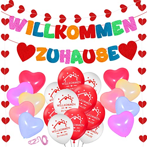 Willkommen Zuhause Banner, Herzlich Willkommen Girlande, Wilkommensdeko Zuhause, Welcome Home Deko mit 20 Luftballons und 1 Herzen Girland für Familie Party von BOYATONG