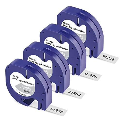 BOYEEZON 4-Pack Kompatibel für Dymo Letratag Plastic Silver 12mm x 4m 91228 Etikettenband für Plastik Schriftband für Dymo LetraTag LT-200B, Schwarz auf Silber von BOYEEZON