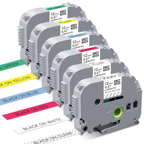 BOYEEZON Kompatibel für schriftband brother p-touch 12mm Bänder TZe Tape 12mm 0.47 Laminiertes für Brother Ptouch PT-1000 H105 H107B E110 H200 H110 D200 D400 D600VP, Farb Etikettenband, 6 Pack von BOYEEZON