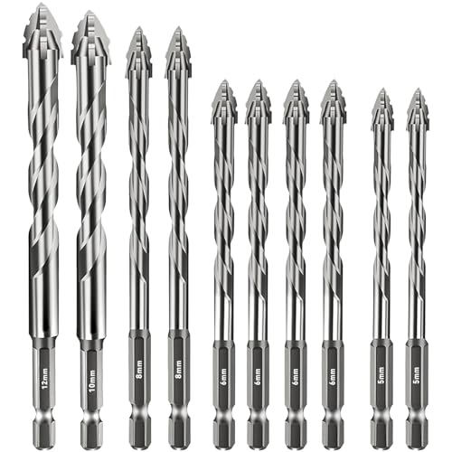 10-Teiliges Exzenterbohrer Set,Sägezahnbohrer, Bohrer mit 4 Schneiden,1/4 Sechskantschaft für Glas, Beton, Keramik, Holz, Metall, Bohren(silber, 5/6 /8/10 /12 Mm) von BOYIFEIJIE