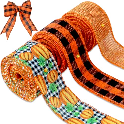 3 Rollen Band mit Drahtrand, Büffelkarierte Bänder mit Kürbismuster, Geschenkband für Thanksgiving, Party, Herbst, Ernte, Dekoration, Kranz, Basteln, Orange, 3 Rollen 3 Rollen Band mit Drahtrand, Büffelkarierte Bänder mit Kürbismuster, Geschenkband für Thanksgiving, Party, Herbst, Ernte, Dekoration, Kranz, Basteln, Orange, 3 Rollen von BOYIVI