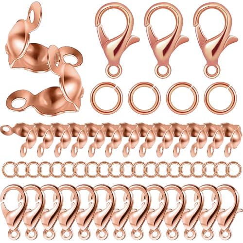 Schmuckherstellungszubehör-Set, 1000 Karabinerverschlüsse, 300 Quetschperlen, 600 offene Binderingverbinder für DIY, Armband, Halskette, Handwerk, Schmuckherstellung, Roségold, 1000 Stück von BOYIVI