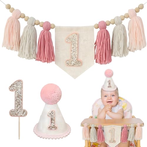 BOZILY 3 Stück Deko 1. Geburtstag Mädchen Set, Geburtstagsbanner, Geburtstagshut & Kuchen-Deko zum 1. Geburtstag, Pinke Boho Party-Deko für Geburtstagsdeko 1 Jahr Mädchen BOZILY 3 Stück Deko 1. Geburtstag Mädchen Set, Geburtstagsbanner, Geburtstagshut & Kuchen-Deko zum 1. Geburtstag, Pinke Boho Party-Deko für Geburtstagsdeko 1 Jahr Mädchen von BOZILY