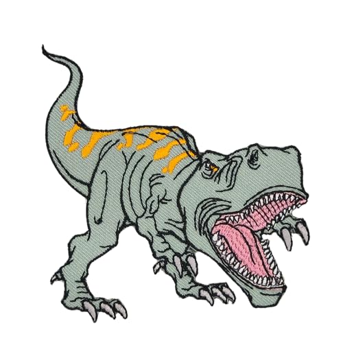 Dino Grün T-Rex Dinosaurier Aufnäher zum aufbügeln oder aufnähen Bügelbild Kinder Bügelpatch Aufbügler für Kleidung gestickter Bügelflicken Applikation Patch Größe 7,5 x 8,0 cm von BP BRAUNERT PATCHES