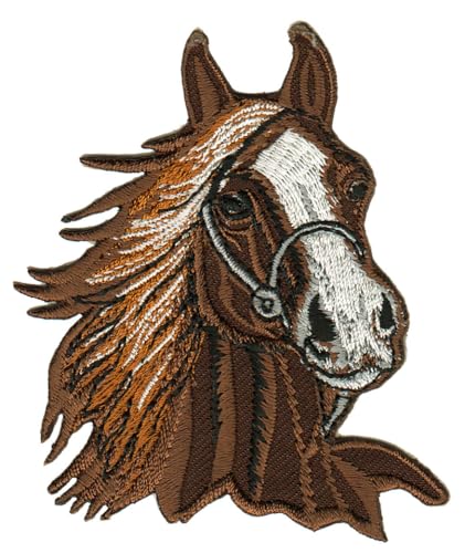 Pferd Kopf Braun Reiten Aufnäher zum aufbügeln Bügelbild Aufbügler Bügelflicken Applikation Patch Größe 6,5 x 8,5 cm von BP BRAUNERT PATCHES