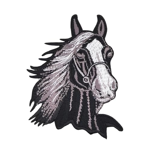 Pferd Kopf Schwarz Reiten Aufnäher zum aufbügeln oder aufnähen Bügelbild Aufbügler für Kleidung gestickter Bügelpatch Applikation Patch Größe 6,5 x 8,3 cm von BP BRAUNERT PATCHES