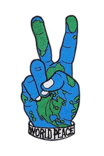 WORLD PEACE Victory Zeichen Aufnäher zum aufbügeln Bügelbild Aufbügler Bügelflicken Weltfrieden Patch Größe 10 x 4,8 cm von BP BRAUNERT PATCHES