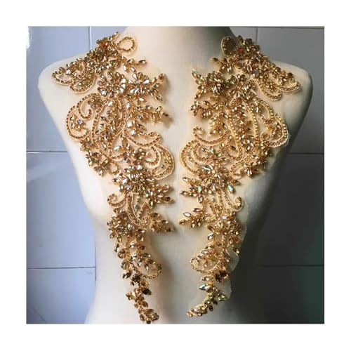 Handgenähter Aufnäher mit Strasssteinen aus Glas, Bohrer, Spiegel, Blume, for Hochzeitskleider, DIY – 39 x 14 cm (1 Paar)(Champagne) von BPQCOFZT
