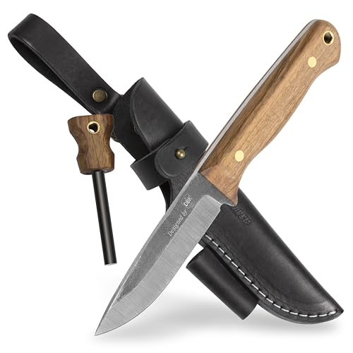 BPS Knives Bushmate Designed by DBK - Bushcraft-Messer - Feststehendes Carbonstahlmesser mit Lederscheide und Feuerstarter - Outdoor Camping Vollangelmesser von BPSKNIVES