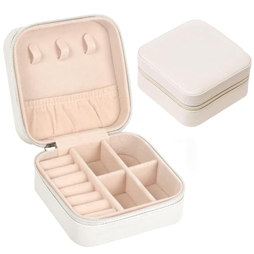 Schmuckaufbewahrung Klein Reise, Schmuckkästchen Mini, Schmuckkasten Tragbarer, Schmuckschatulle Für Ohrringe, Ringe, Ohrstecker, Kette, Frauen Mädchen Mutter Geschenke-10x10x5cm (Weiß) von BQBQHONE