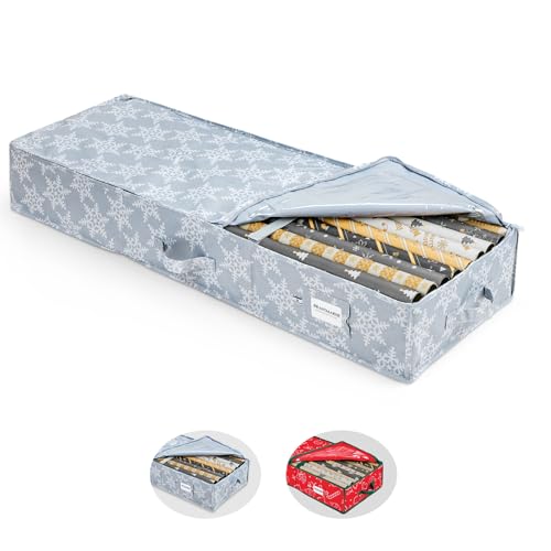 BRANTMAKER Geschenkpapier Aufbewahrung(103 * 35 * 15cm),Groß Geschenkpapier Organizer mit Oxford-Gewebe für Geschenkpapierrollen Zubehör,Grau und Weiße Schneeflocke von BRANTMAKER