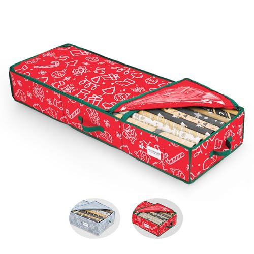 BRANTMAKER Geschenkpapier Aufbewahrung(103 * 35 * 15cm),Groß Geschenkpapier Organizer mit Oxford-Gewebe für Geschenkpapierrollen Zubehör,Rotes und Weißes Festliches Muster von BRANTMAKER