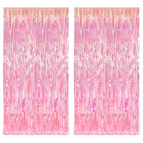 BRAVESHINE 2 Stück Schillernde Fransen Folienvorhang, Mehrfarbige Metallische Lametta Vorhänge,Schimmernder Vorhang mit Folienfransen für Geburtstag Hochzeit Weihnachtsfeier(Rosa,1x2m) von BRAVESHINE