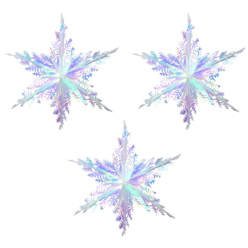 BRAVESHINE 3 Stück Schillernde Schneeflocken Hängedekoration, Holografische Schneeflocken Party Deko für Weihnachten Winter Frozen Fee Geburtstag Deko (3 Schneeflocken) von BRAVESHINE