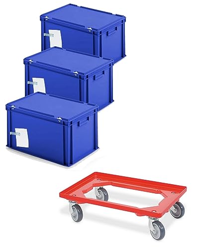 BRB 3x Ordner-Archivboxen für je 7 Ordner (A4, breiter Rücken), inkl. Transportroller (blau) von BRB