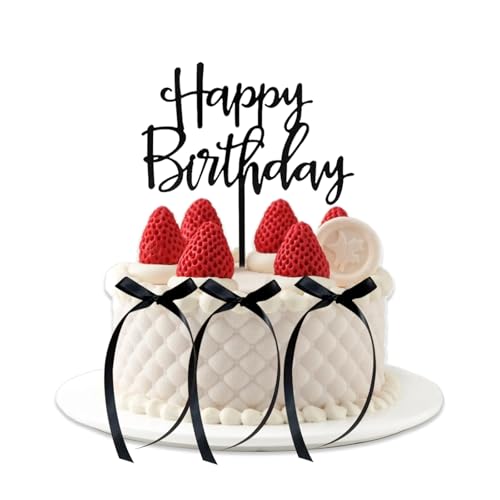 BRDXOOL Kuchendekorationsset mit schwarzen Schleifen – Happy Birthday-Schild, wiederverwendbar, Schwarz Vintage, geeignet für Geburtstag, Hochzeit (6 Schleifen, 1 Happy Birthday-Schild) von BRDXOOL