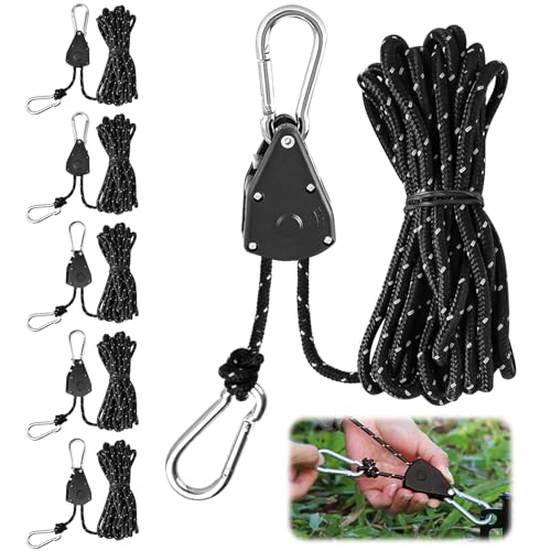 BREANIFULL 6 Stück Abspannseile mit Seilspanner Schwarz Ratchet Hanger Zeltschnur mit Spanner 4 m Einstellbare Seilratsche mit Haken φ 4mm Reflektierende Abspannseile für Sonnensegel von BREANIFULL
