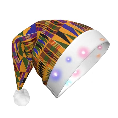 BREAUX Afrikanische ethnische Muster Druck Flanell Nikolausmützen Unisex Weihnachten Nikolausmütze mit LED-Lichtern Plüschmütze von BREAUX