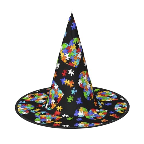 BREAUX Autismus-Bewusstseins-Puzzleteile, Herzdruck, Halloween, Hexe und Zaubererhut, Hexenkostüm für Themendekoration, Halloween-Party von BREAUX