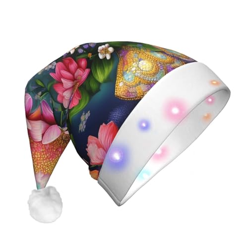 BREAUX Blumen-Diamant-Malerei-Druck, Flanell, Weihnachtsmannmütze, Unisex, Weihnachtsmannmütze mit LED-Lichtern, Plüschkappe von BREAUX