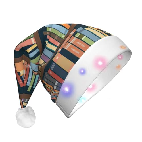 BREAUX Cartoon Bücherregal Bücherwurm Druck Flanell Nikolausmützen Unisex Weihnachten Nikolausmütze mit LED-Lichtern Plüschmütze BREAUX Cartoon Bücherregal Bücherwurm Druck Flanell Nikolausmützen Unisex Weihnachten Nikolausmütze mit LED-Lichtern Plüschmütze von BREAUX
