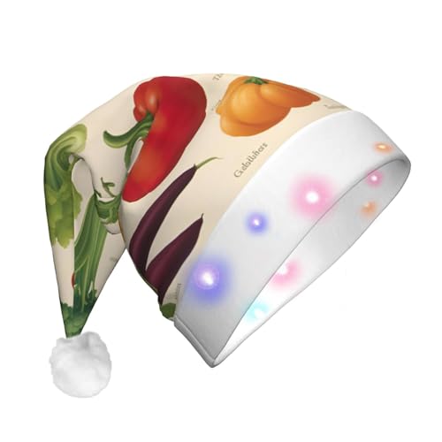 BREAUX Einführung verschiedener Gemüse-Druck-Flanell-Weihnachtsmannmützen, Unisex, Weihnachtsmannmütze mit LED-Lichtern, Plüschkappe von BREAUX