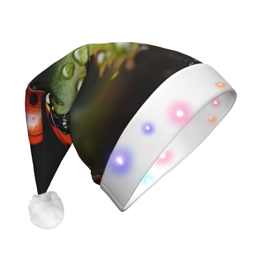BREAUX Entzückender Marienkäfer mit Regenschirm-Druck, Flanell, Weihnachtsmannmütze, Unisex, Weihnachtsmannmütze mit LED-Lichtern, Plüschkappe von BREAUX