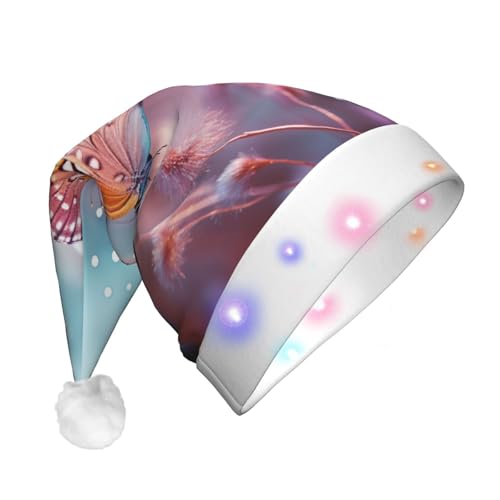 BREAUX Frühlingsblumen Schmetterling Druck Flanell Nikolausmützen Unisex Weihnachten Nikolausmütze mit LED-Lichtern Plüschmütze von BREAUX