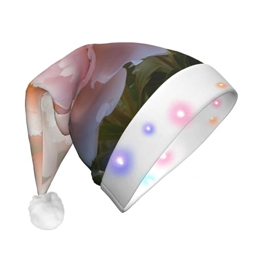 BREAUX Garten Pfingstrose Druck Flanell Nikolausmützen Unisex Weihnachten Nikolausmütze mit LED-Lichtern Plüschmütze von BREAUX