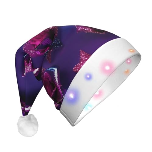 BREAUX Glitzernde Pailletten-Rosen-Druck, Flanell, Weihnachtsmannmütze, Unisex, Weihnachtsmannmütze mit LED-Lichtern, Plüschkappe von BREAUX