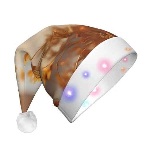 BREAUX Goldene Blumen Druck Flanell Nikolausmützen Unisex Weihnachten Nikolausmütze mit LED-Lichtern Plüschmütze von BREAUX