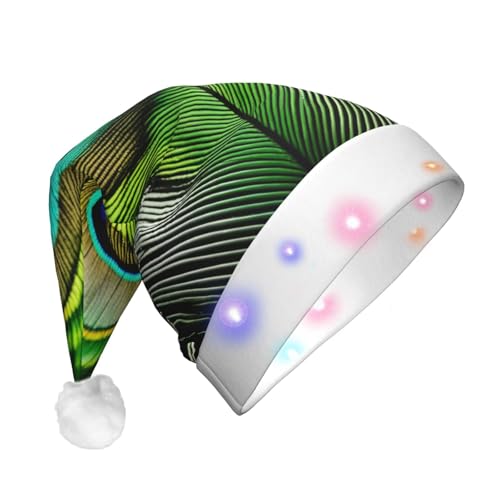 BREAUX Grüne Pfauenfeder-Druck, Flanell, Weihnachtsmannmütze, Unisex, Weihnachtsmannmütze mit LED-Lichtern, Plüschkappe BREAUX Grüne Pfauenfeder-Druck, Flanell, Weihnachtsmannmütze, Unisex, Weihnachtsmannmütze mit LED-Lichtern, Plüschkappe von BREAUX