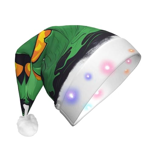 BREAUX Grüner Geist Horror Halloween Kürbis Druck Flanell Nikolausmützen Unisex Weihnachten Nikolausmütze mit LED-Lichtern Plüschmütze von BREAUX