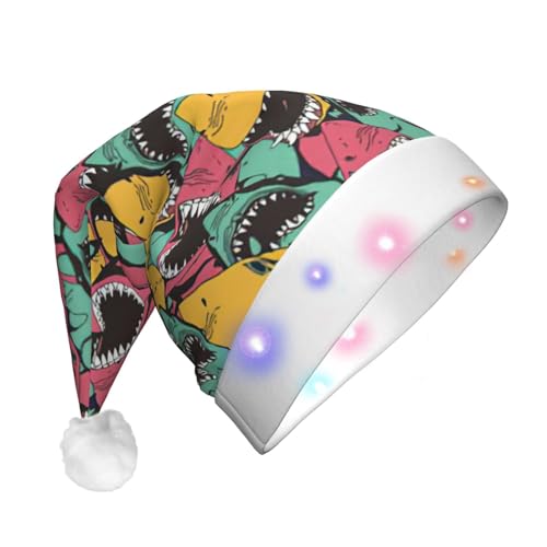 BREAUX Haifischmuster Druck Flanell Nikolausmützen Unisex Weihnachten Nikolausmütze mit LED-Lichtern Plüschmütze BREAUX Haifischmuster Druck Flanell Nikolausmützen Unisex Weihnachten Nikolausmütze mit LED-Lichtern Plüschmütze von BREAUX
